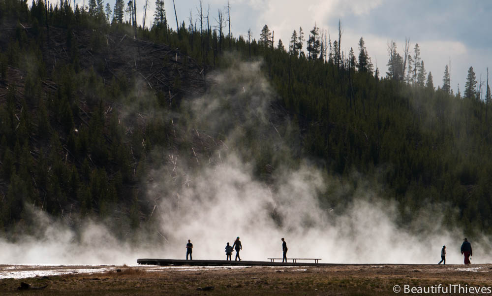silhouettes in steam yellowstone national park